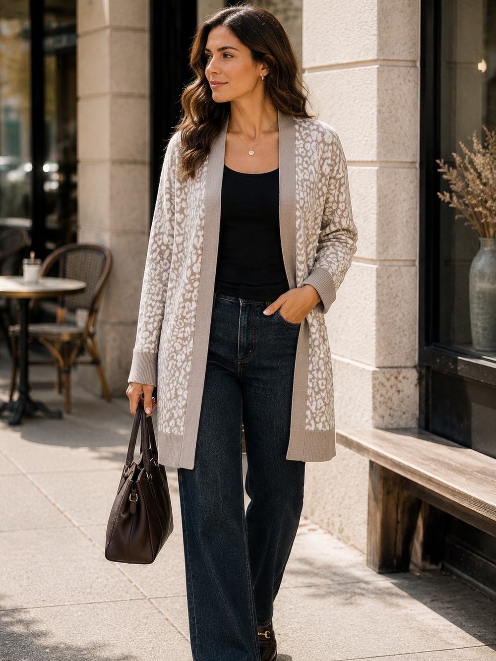 Express XL Neutral Leopard Print Long Open Front Cardigan Sweater